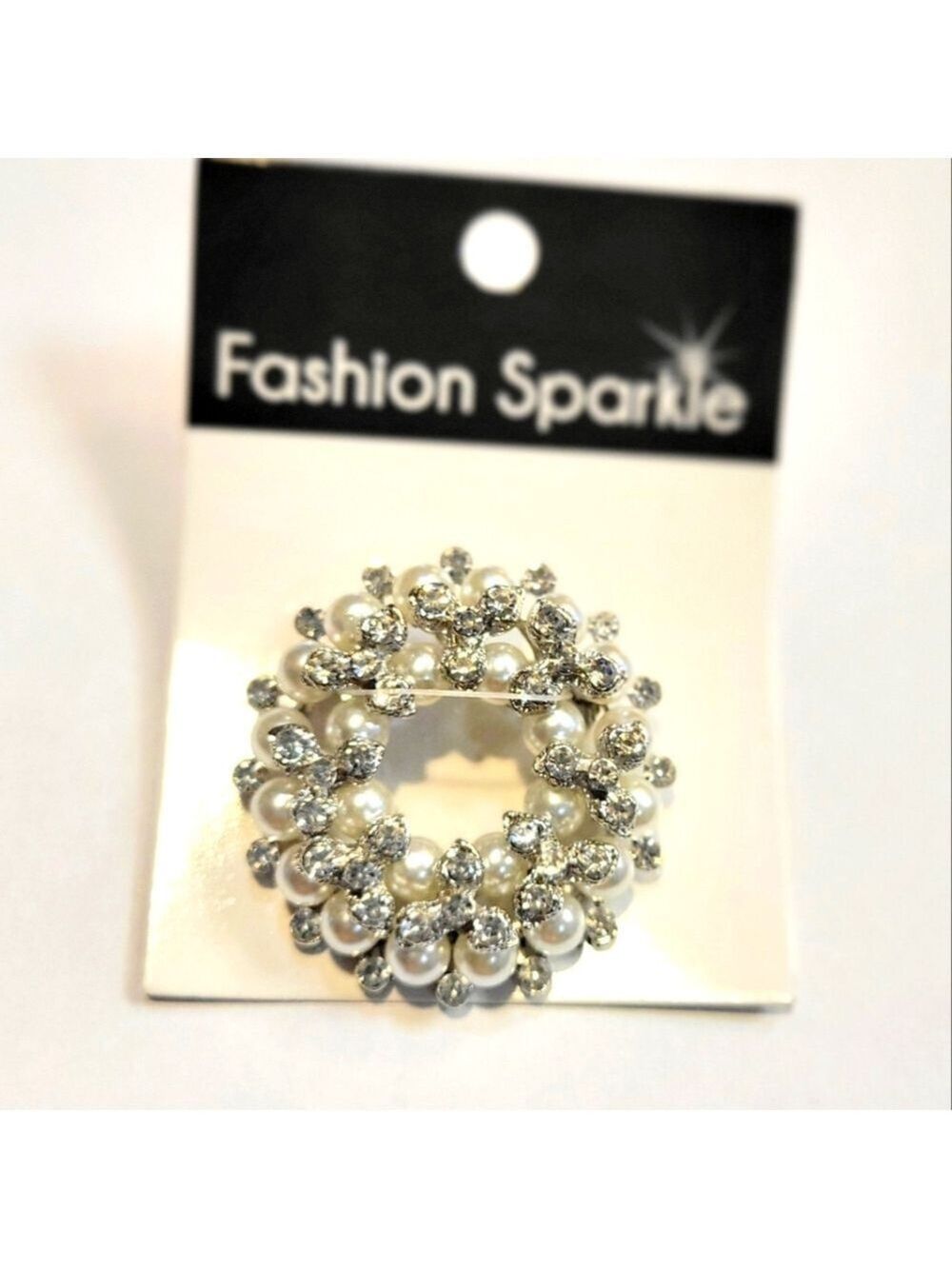 Silver White Rhinestone Wreath Brooch